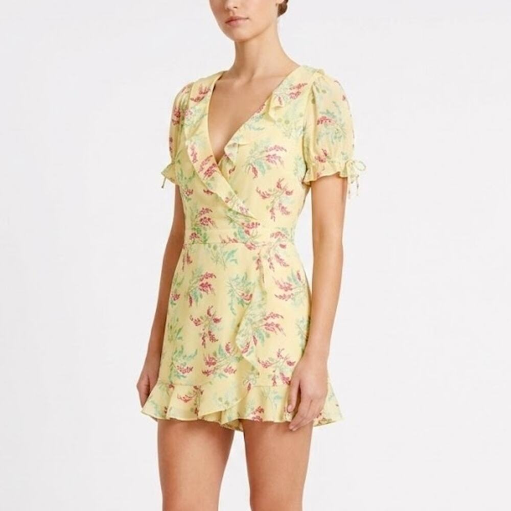 Likely Erin Floral Romper Yellow Ruffle Wrap V Neck Tie Waist Sleeve Sz 10